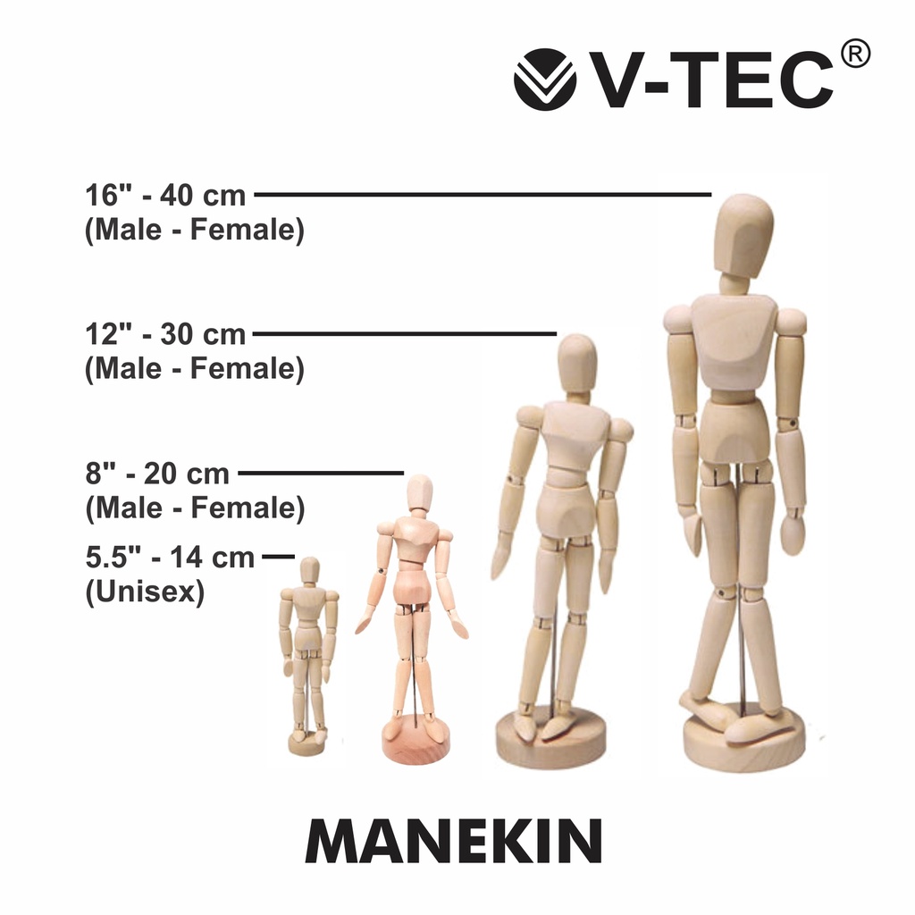 

Manekin Kayu V-Tec Wooden Mannequin VTEC 20 cm & 30 cm Manikin Male & Female – SHSNP