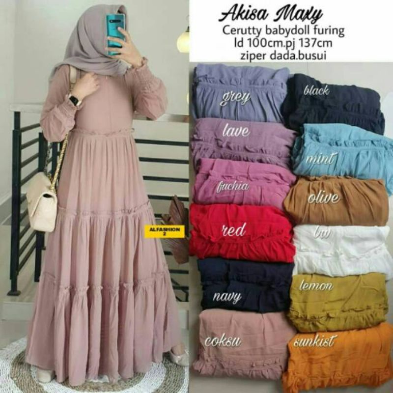 Baju Gamis Akisa Maxy Dress Bahan Ceruty Baby Doll Full + Lapis Dalam Puring Hyget Super