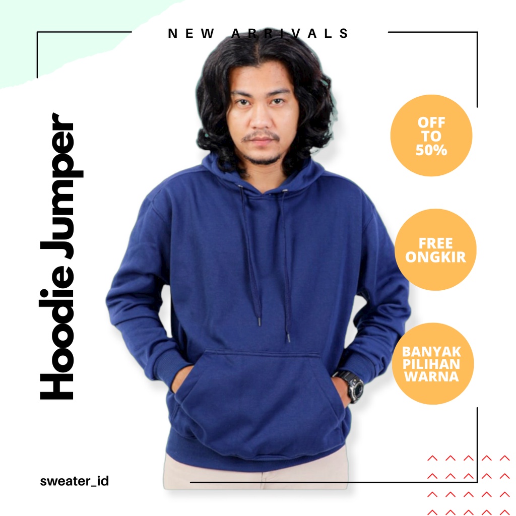 SWEATER_ID Hoodie Jumper Biru Navy / Biru Donker Polos Unisex Fleece Tebal