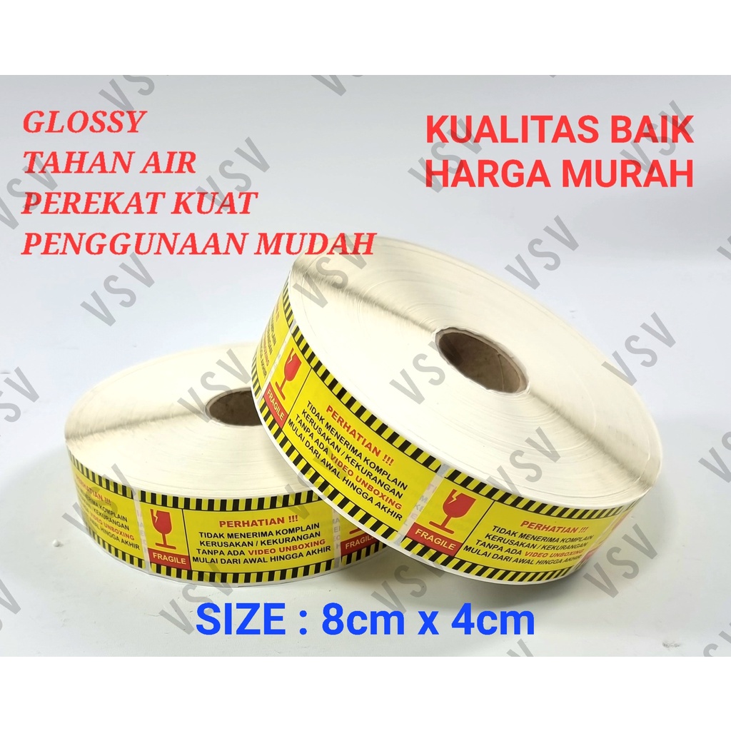 Sticker Fragile + Video Unboxing 8cm x 4cm Bahan Glossy Tahan air (100 pcs)