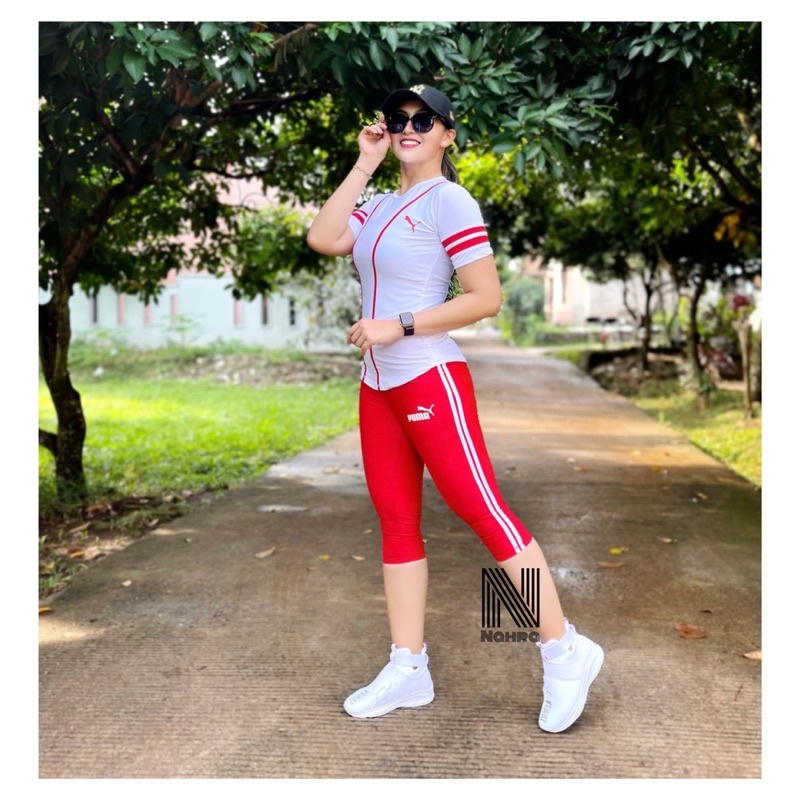 Setelan Baju Senam Olahraga Baseball Putih Merah  / Baju Senam Aerobik Fitness Zumba Cycling Running-3