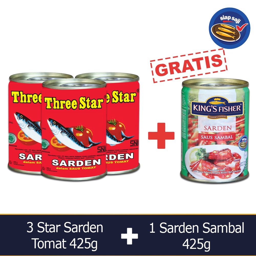 

King's Fisher Three Star Paket A 4 pcs Sarden saus Sambal Tomat 425g Makanan Kaleng