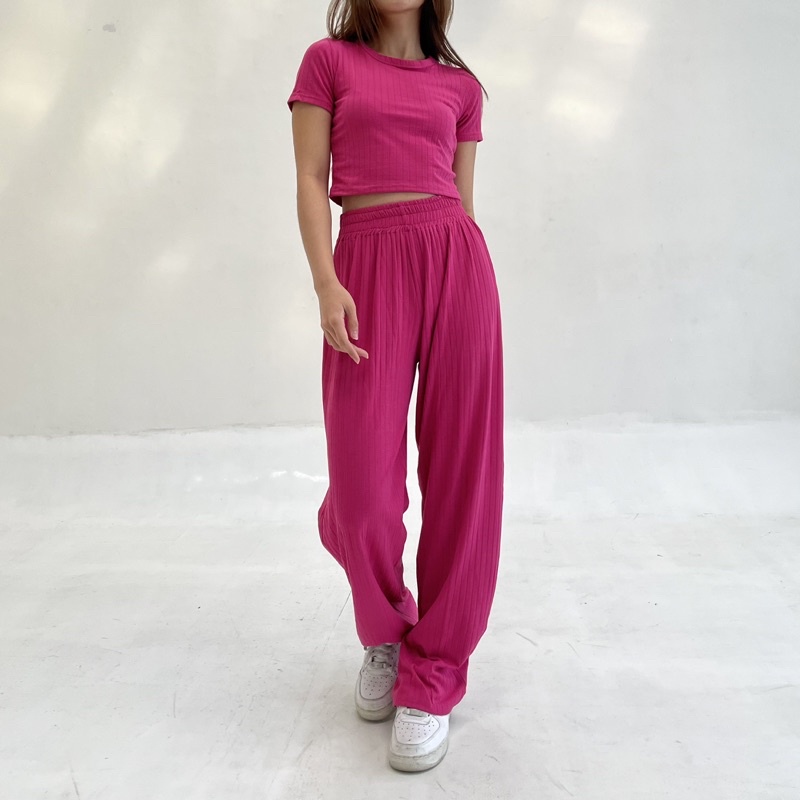 GEMMA SET | Setelan Wanita Ribbed Knit Set Crop Top Lengan Celana Panjang Highwaist Highwaisted Pants