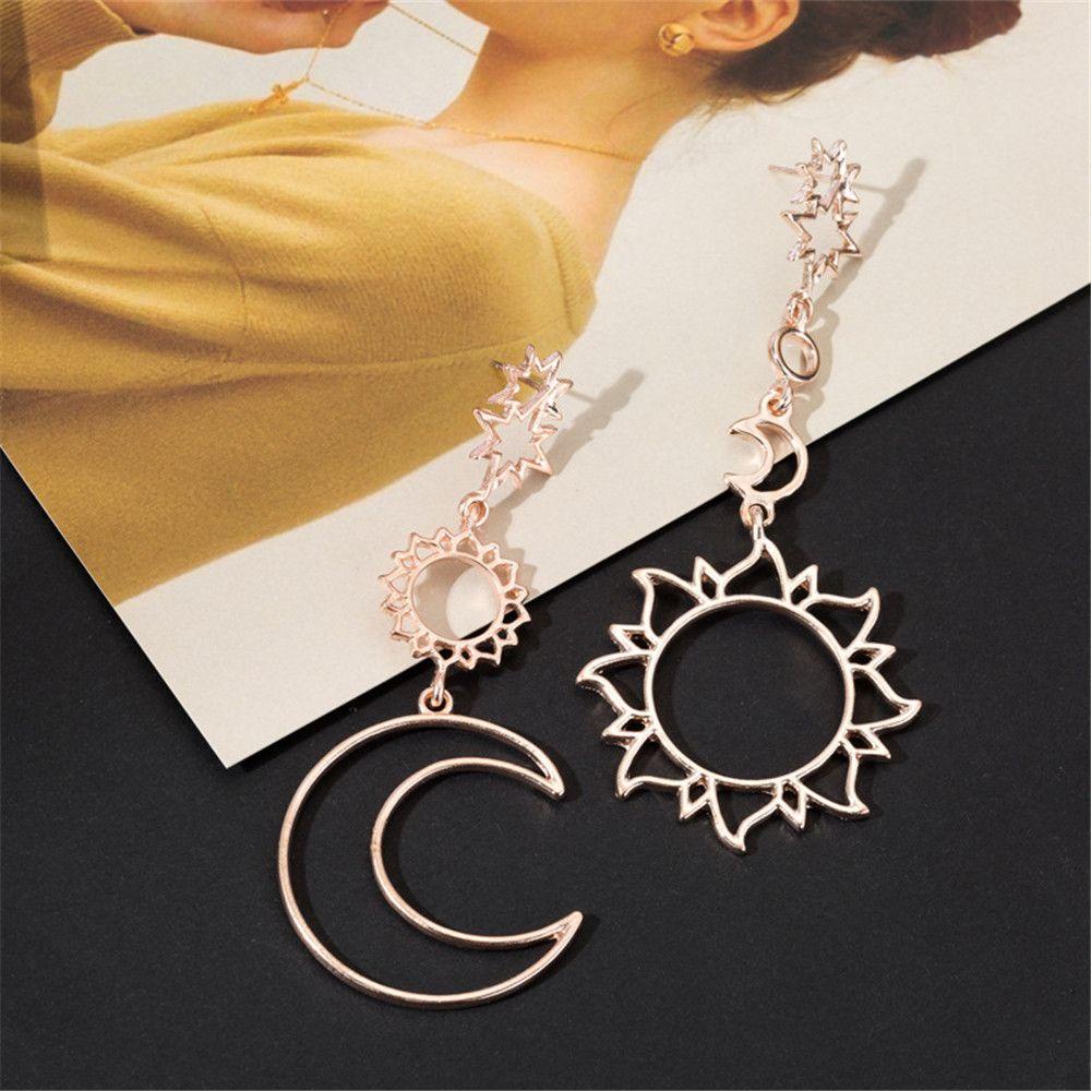 R-flower Moon And Star Earrings Tren Desain Asimetris Angkasa Langit Langit Hip Hop Punk Earring