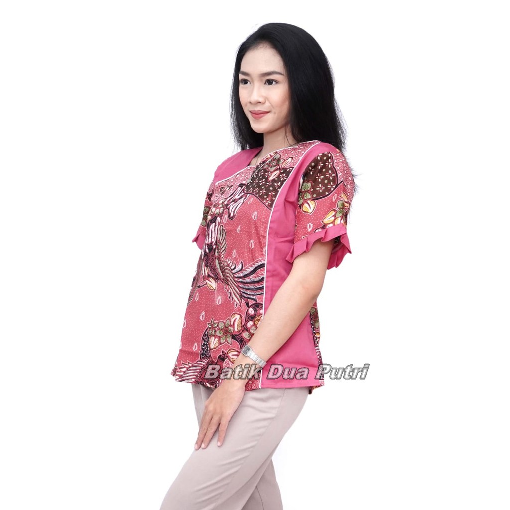 Batik Wanita Lengan Pendek Blouse Atasan Warna Pink Model Modern Trendy 2021- Motif kombinasi