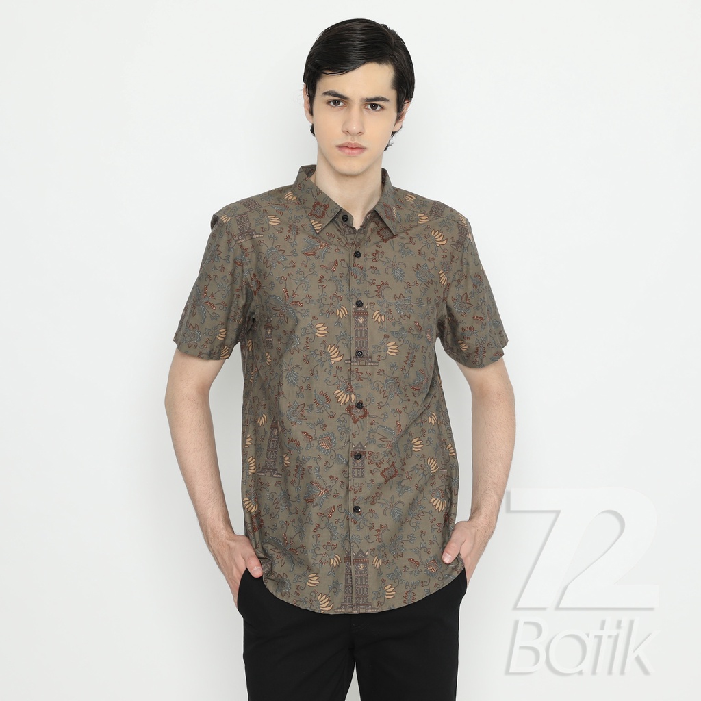 BATIK COUPLE MODERN Kemeja Rok Lilit Instan Batik Pria Lengan Pendek Premium Motif Jam Gadang Hijau Abu 721065 CAP 72