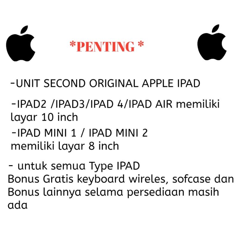 FLASH SALE TABLET_IPAD_AIR/IPAD2/IPAD3/IPAD4/IPAD_MINI WiFi ONLY BONUS KEYBOARD SLIM WIRELESS SECOND ORIGINAL TERMURAH DI SHOPEE