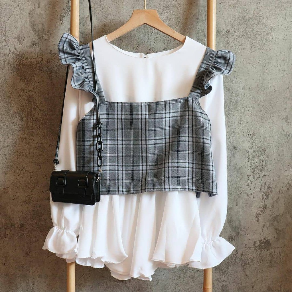 Blouse Wanita Hitam Putih Korean Style Lala Blouse Bahan Wollycrafe Mix Katun Baju Atasan Wanita Ter