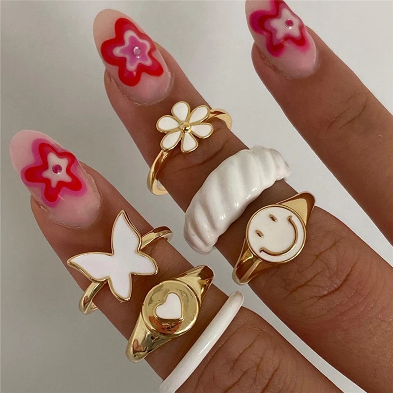 AY(CN) 6pcs / Set Cincin Butterfly Flower Bentuk Hati Warna Putih Untuk Wanita