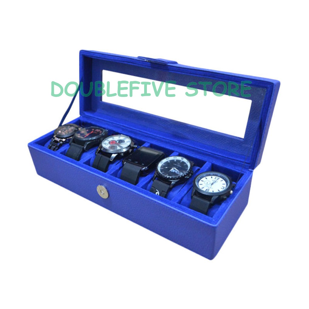 Kotak Jam / Box Jam / Tempat Penyimpanan Jam / Watch Box Oraganizer isi 6 Biru Polos