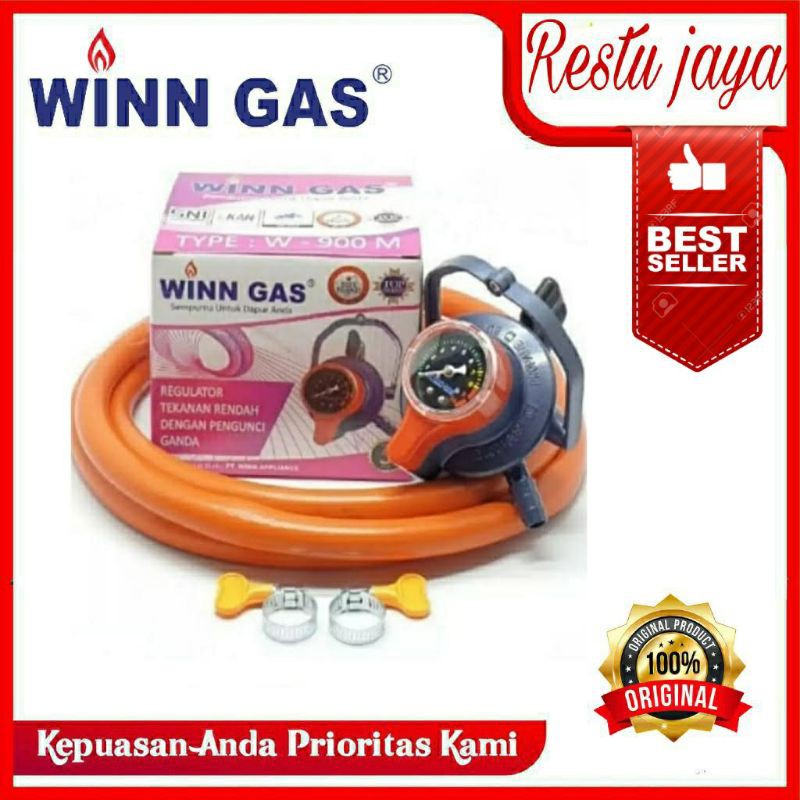 regulator winn gas w 900 meter dobel lock +selang 2 meter +kleam 2 biji