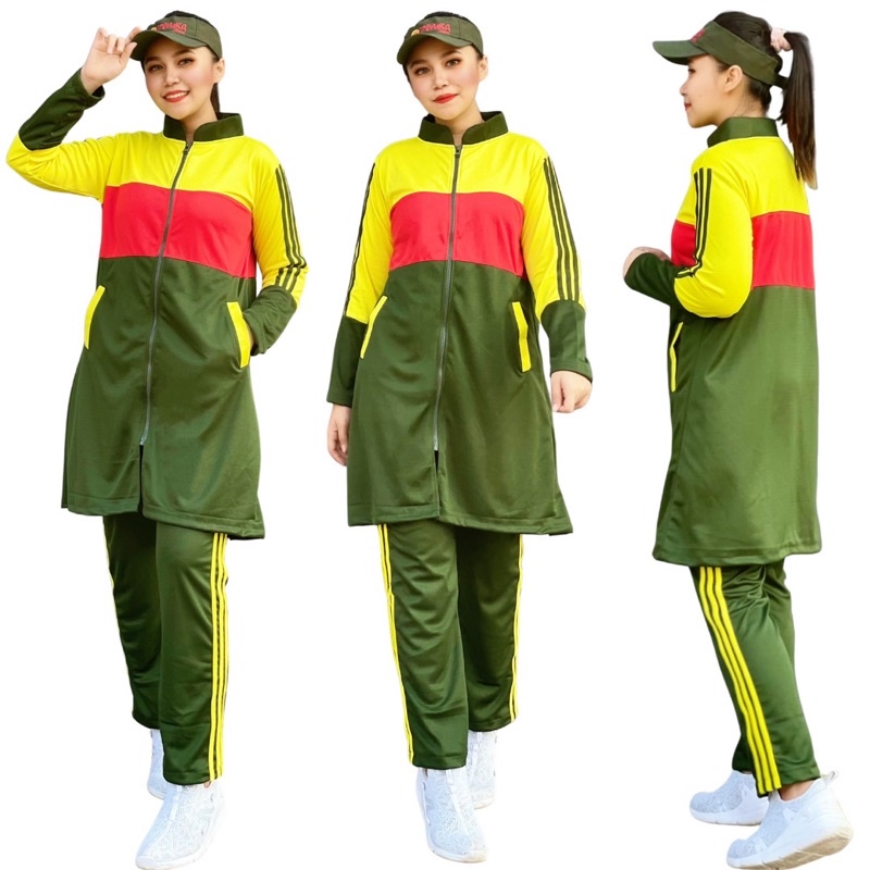 Stelan Senam Tunik Colorblock Hijau Army Panjang Hijab Wanita Muslimah Setelan Baju Olahraga Senam G