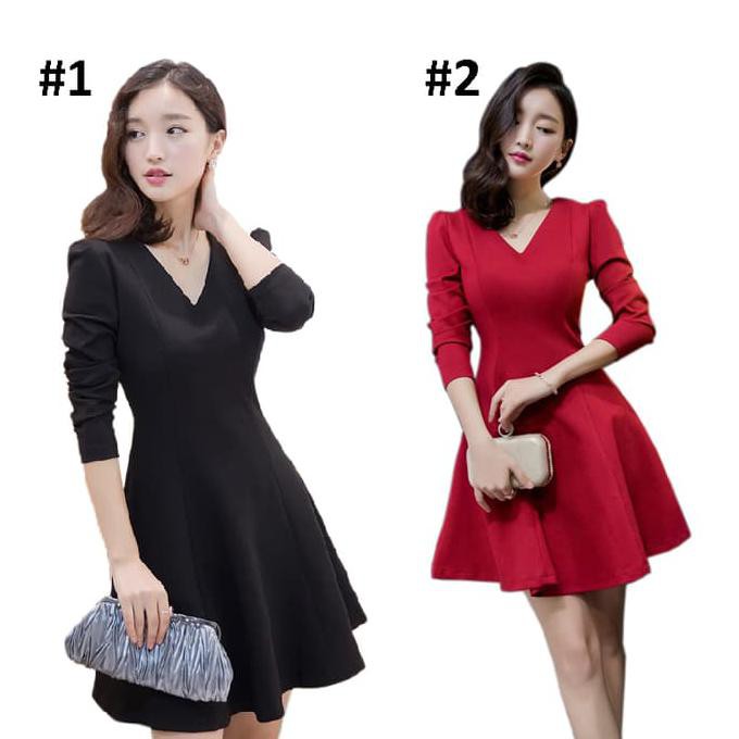 Sale 229 - Mini Dress V-Neck Lengan Panjang Korea - Hitam, L Terbaru
