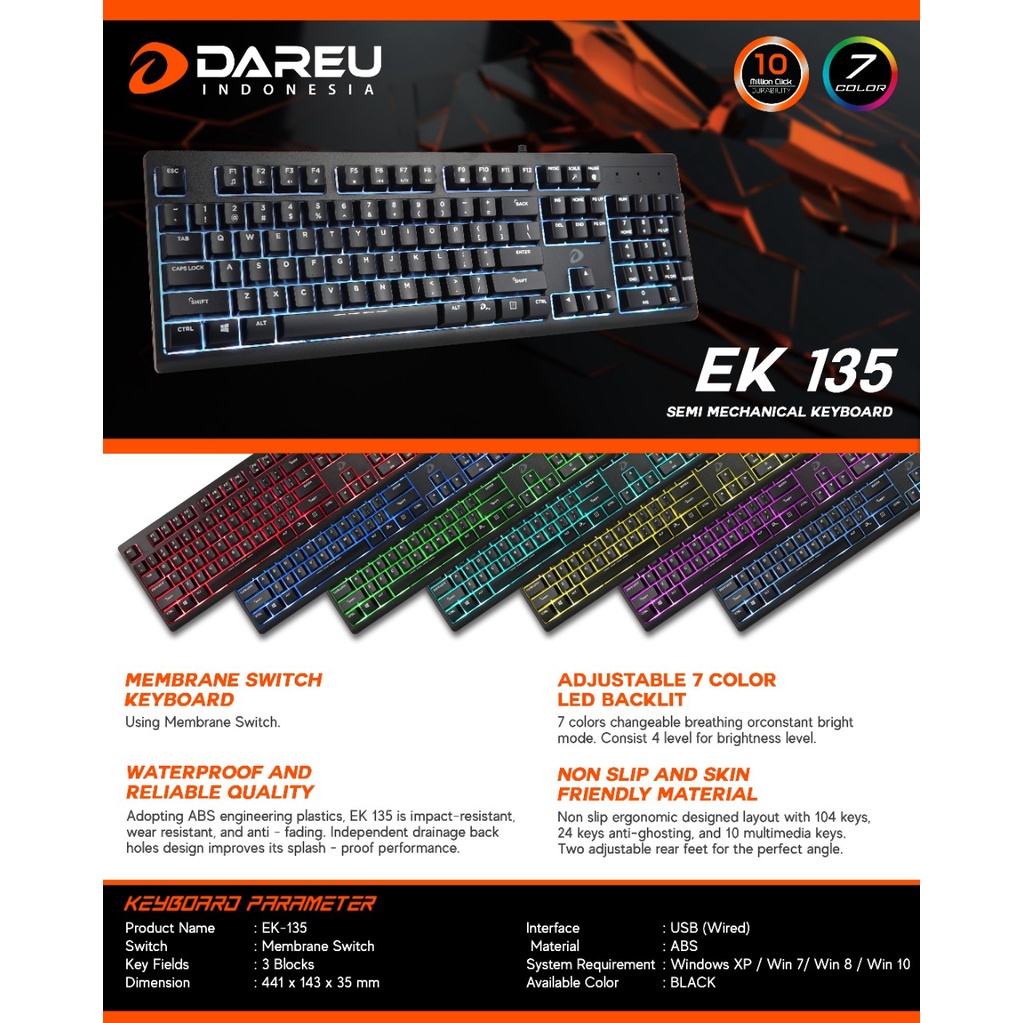 Keyboard Gaming Membrane Waterproof DAREU EK-135 EK135