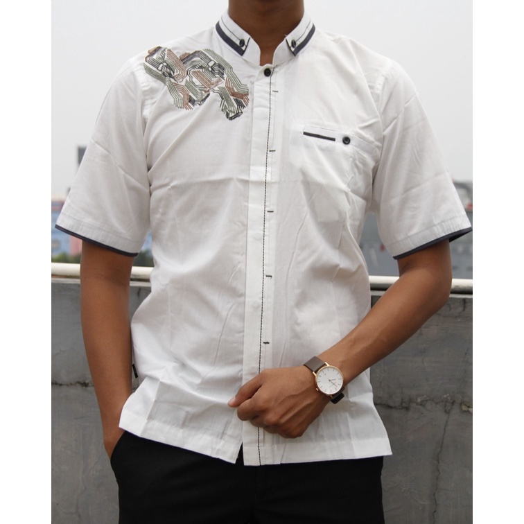 Baju Koko Pria Lengan Pendek Syahdika Putih Motif Bordir 04 | Baju Muslim Pria | Pakaian Solat Pria | Kurta Original
