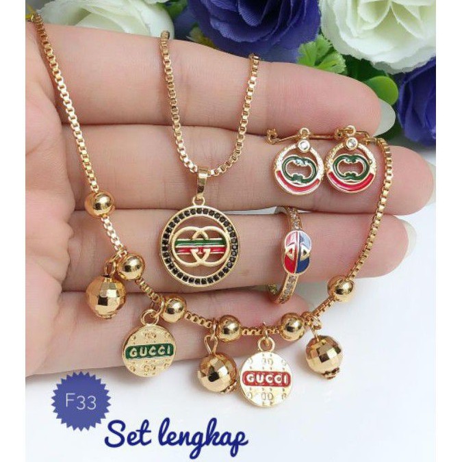 (FEB) PROMO Set Perhiasan Lapis Emas Xuping Gelang Cincin Anting Kalung Gucci Gold Mewah Titanium