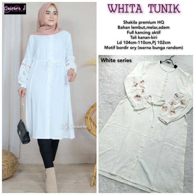 WHITA TUNIK BAHAN SHAKILA PREMIUM HQ BAHAN LEMBUT MELAR ADEM LD 104-110CM PB 102CM MIX BORDIR BUNGAN