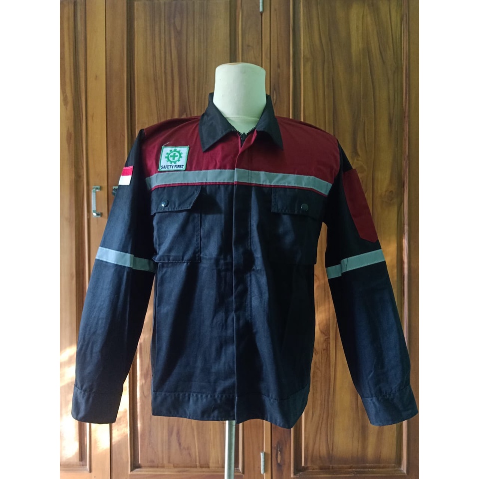 Baju Safety Wearpack Lengan Panjang | Baju Proyek Atasan Merah Maroon Hitam