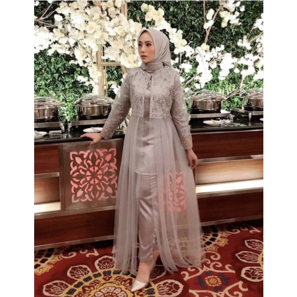 Setelan Kebaya Tunik Brukat Set Celana Tunic Wanita Brokat Kondangan - Abu-abu L Berkualitas