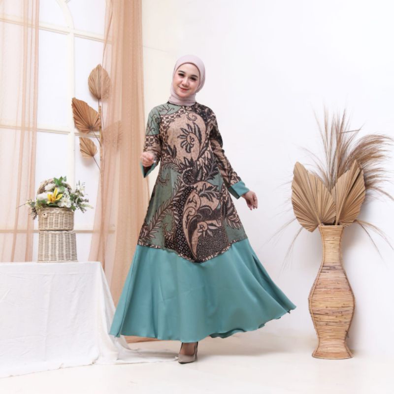 Couple Batik Gamis Full Batik Dan Kombinasi Warna hijau Sage Dan Laki Lengan Pendek