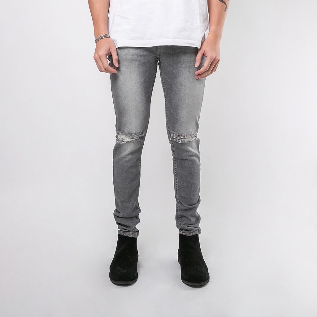 Celana Ripped Jeans Pria  / Celana Jeans Sobek Bahan Stretch Denim - (UJ-18) - Light Grey