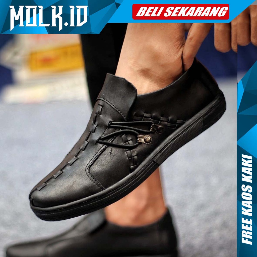 MOLK|Sepatu Slip On Pria Pantofel Hitam Kerja Kulit Asli Original Branded Fashion Simple Laki Laki