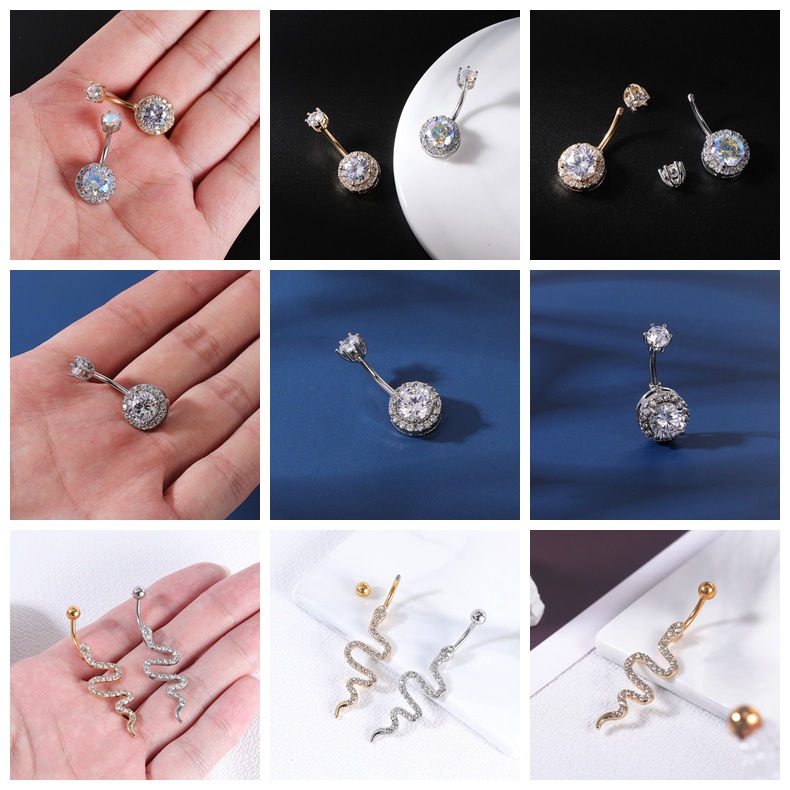 1pc Cincin Tindik Pusar Bentuk Ular Iblis Hati Aksen Kristal Bahan Stainless Steel Anti Alergi