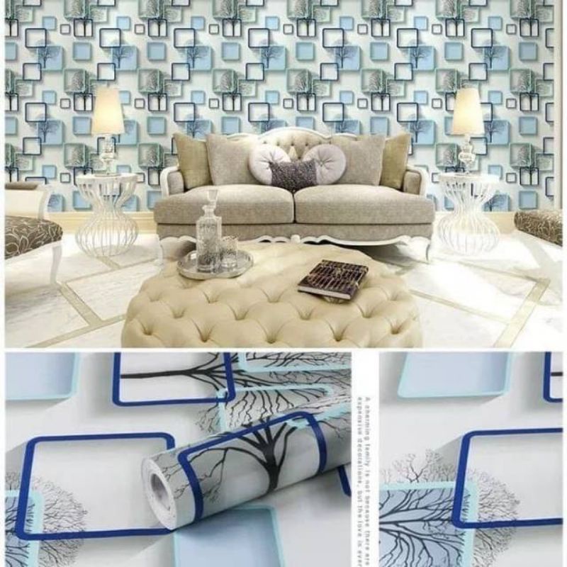 Wallpaper Dinding Stiker Dinding 3D Kotak Kotak Biru Variasi  Pohon Mewah Premium Kekinian Cocok Untuk Dekorasi Ruangan