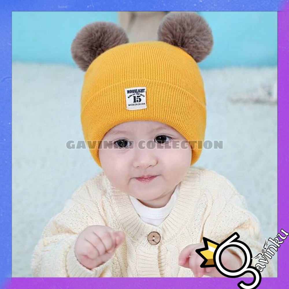 Topi Anak Laki Laki Perempuan Kupluk Bayi Model Pompom Moonlight 15 Usia 0 3 6 bulan umur 1 2 3 Tahun thn Motif Kucing Kelinci Karakter Lucu Rajut Musim Dingin