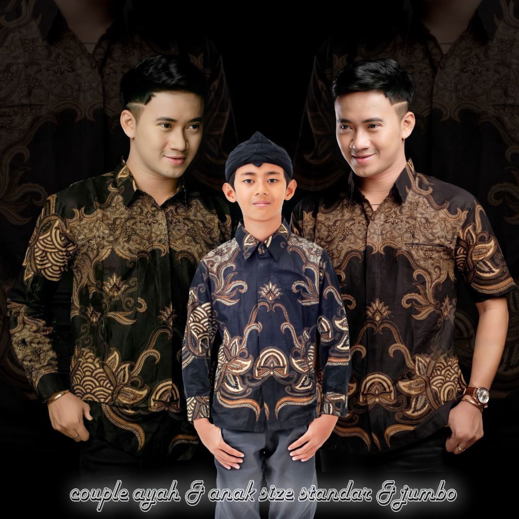 Baju Batik couple Ayah &amp; Anak Laki Laki-kemeja Batik pria-Batik pria Lengan pendek-Batik pria jumbo M L XL XXL 3L 4L 5L 6L-Motif Gajahmada Hitam-Batik pria modern mewah terlaris