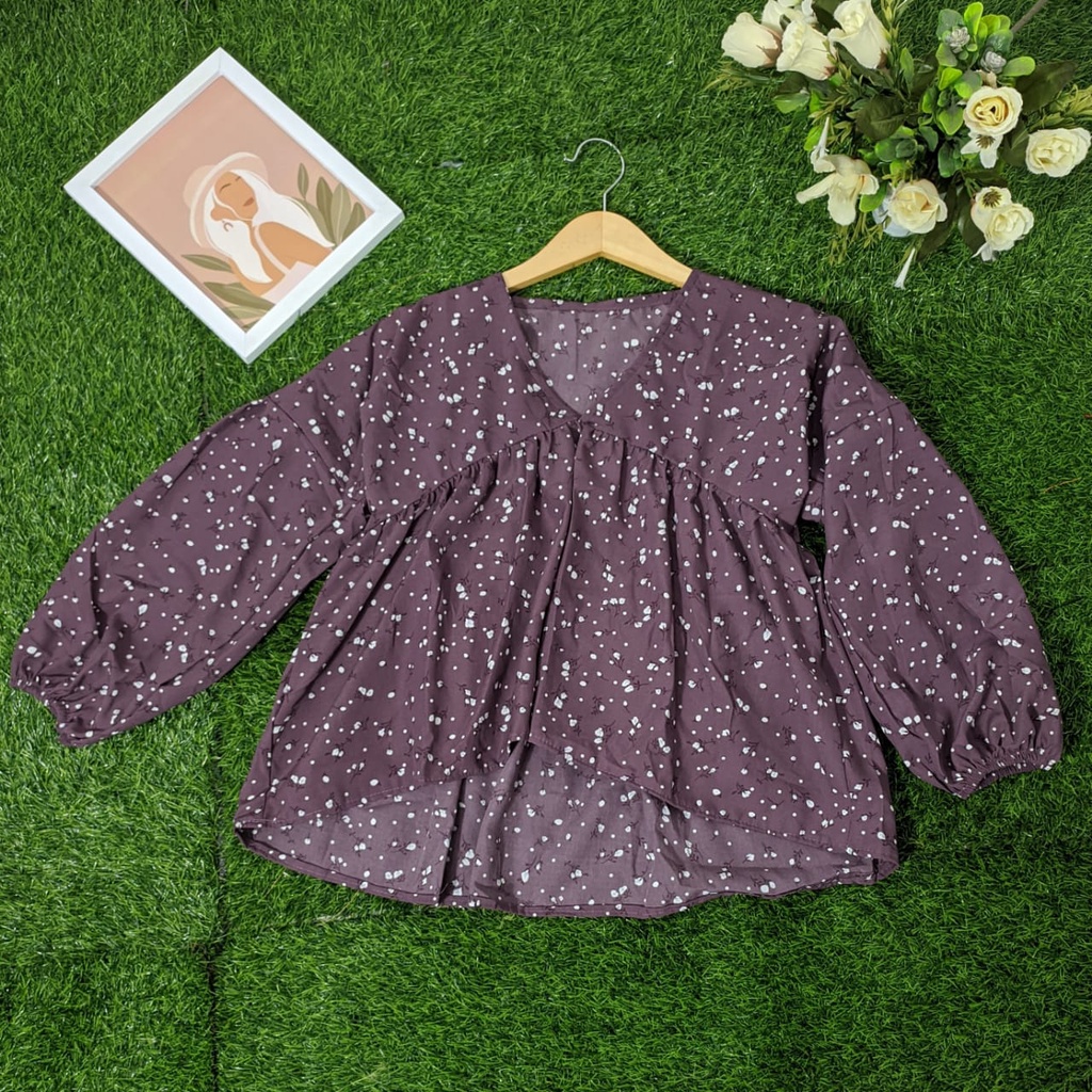 BLOUSE KOREAN STYLE ATASAN WANITA NEW MOTIF BUNGA LENGAN BALON V NECK SESA - BAHAN WOLFIS