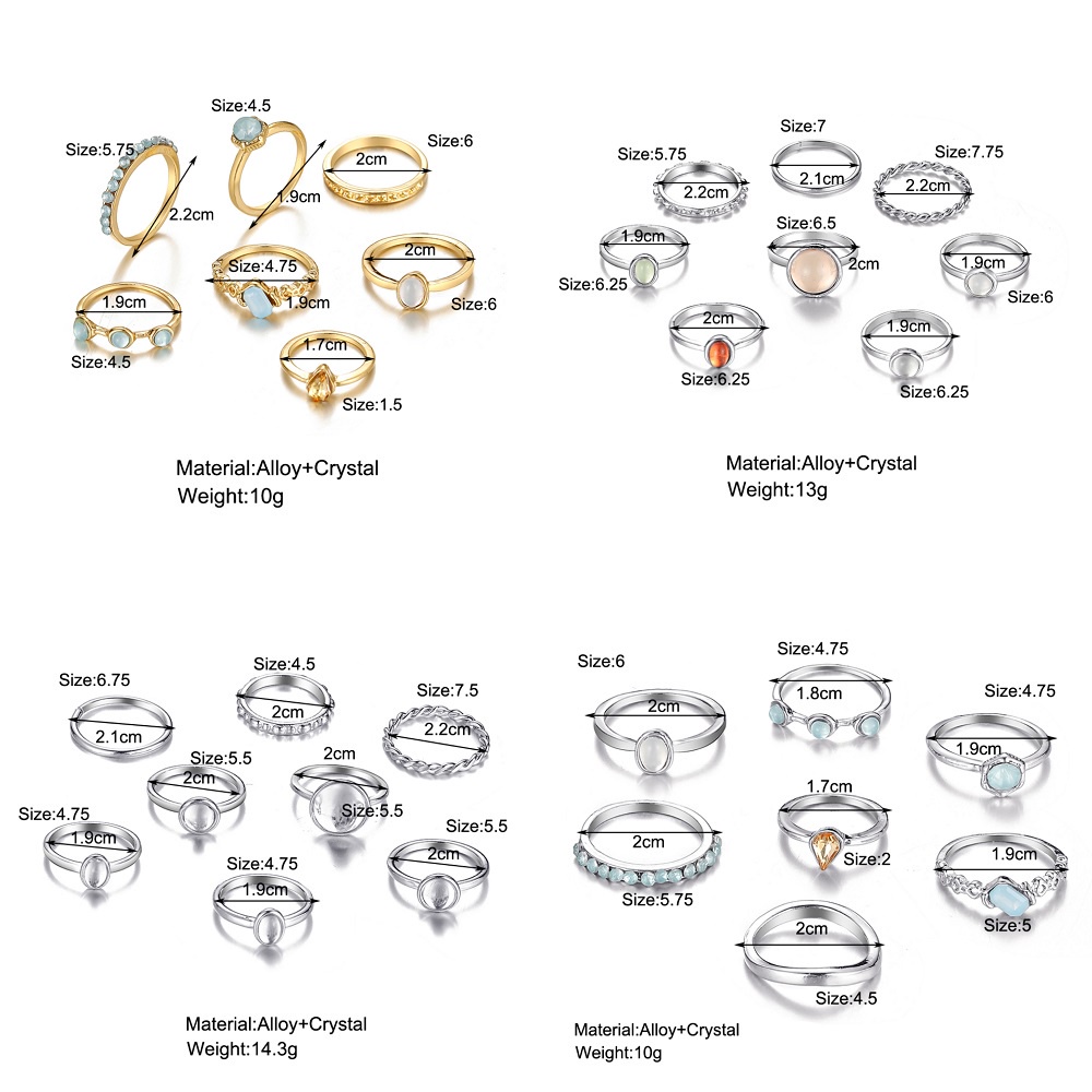 7pcs / Set Cincin Jari Hias Kristal Berlian Zirkon Dapat Disesuaikan Untuk Wanita