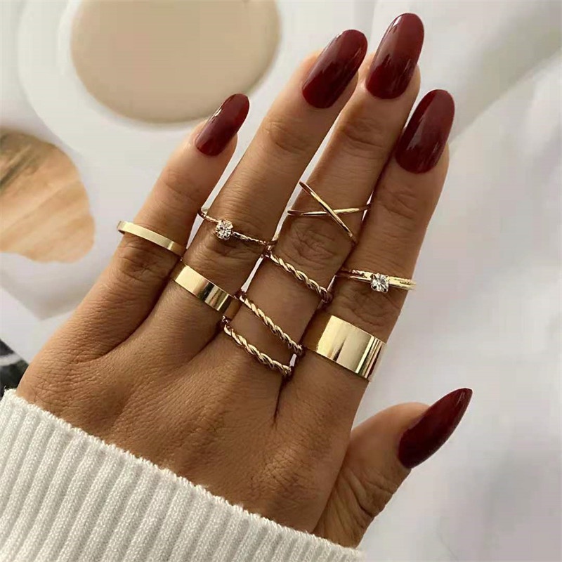 9 Pcs / Set Cincin Bentuk Geometris Melingkar Bahan Logam Untuk Wanita