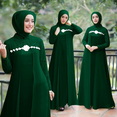 Elena Gamis Pesta Brukat/ Gamis Seragam/ Gamis Remaja Dewasa/ Fashion Muslim Wanita Premium - Size M L XL XXL Jumbo-Ijo Botol