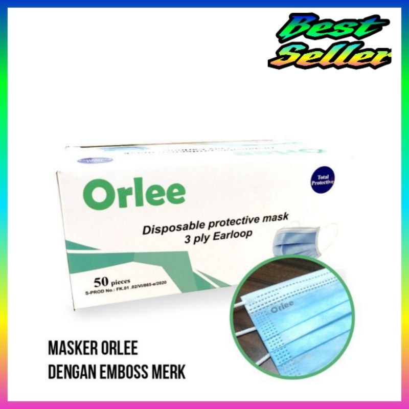 Masker warna biru (Blue) 3Ply Earloop Masker Medis Kemenkes 1 box isi 50 pcs ORLEE Biru Blue