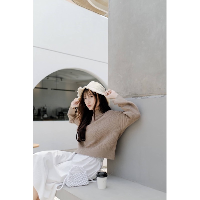 Fwdaily - ANNA ( crop sweater - sweater rajut motif turtleneck )-Peanut
