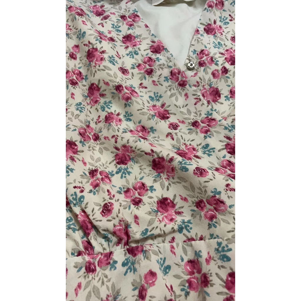 AIMEI Vintage Longgar Floral V-Neck Lengan Panjang Dress