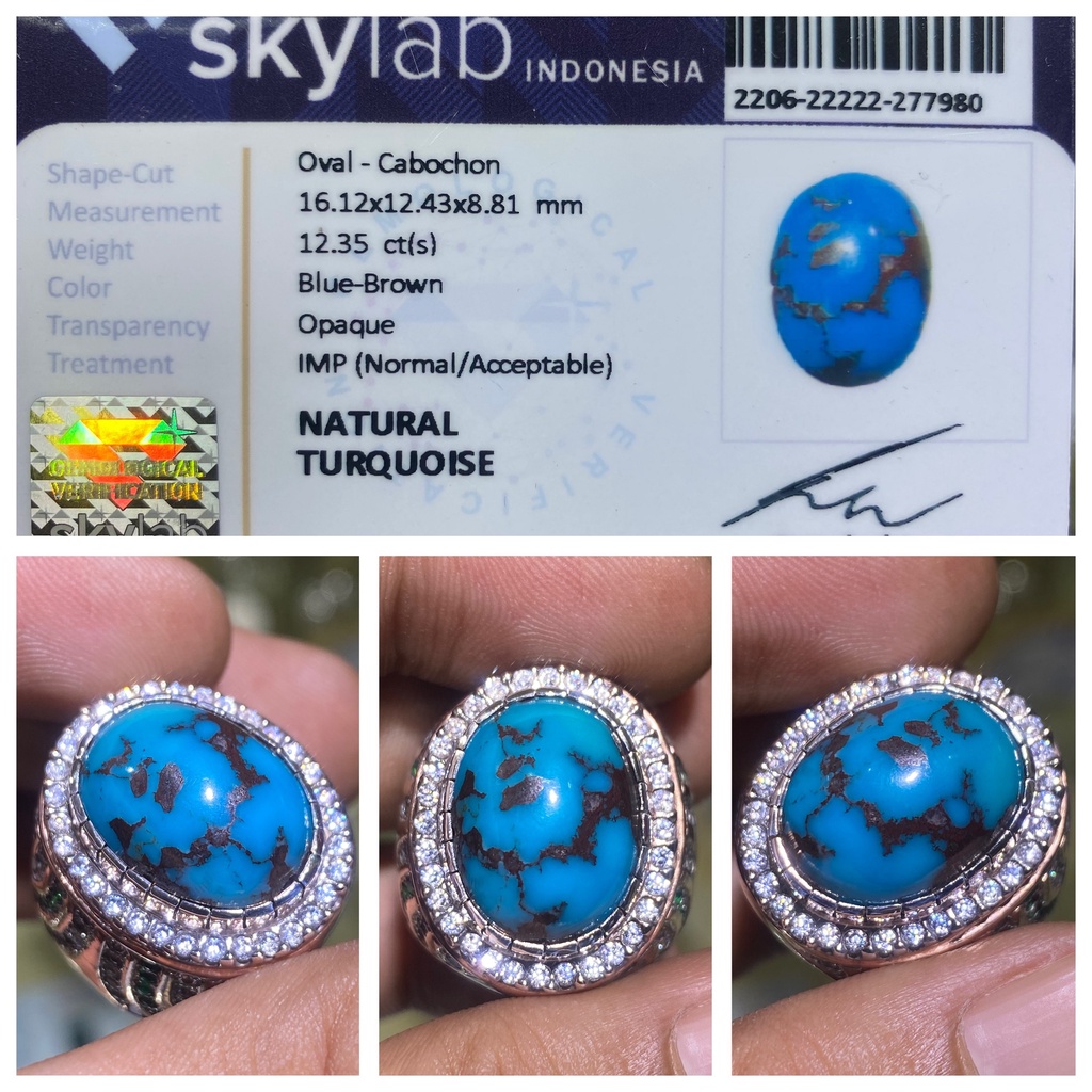 Natural 12.35ct Batu Turquoise Pirus Biru Laut Urat Coklat Persia