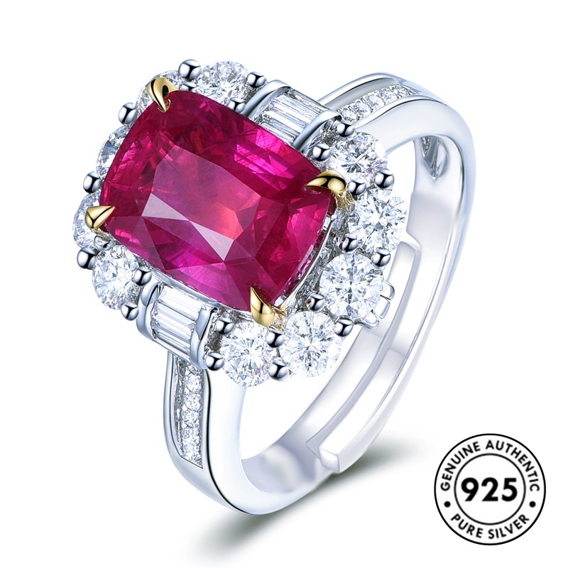 Cincin S925 Silver Bentuk Kotak Aksen Berlian Warna Merah