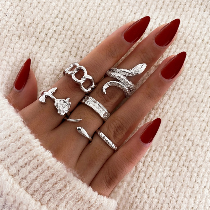 Fancyqube 1 Set Cincin Jari Bentuk Ular Geometris Warna Emas Hitam Bahan Logam Gaya Punk Untuk Wanita
