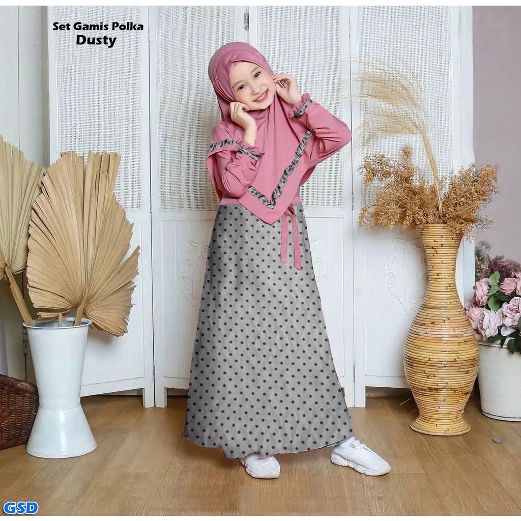 Set Gamis Polka/ Dress Muslim Anak / Gamis Anak/ Maxi Dress Polkadot / Hijab Syari Polka kids Free Krudung + Belt kain