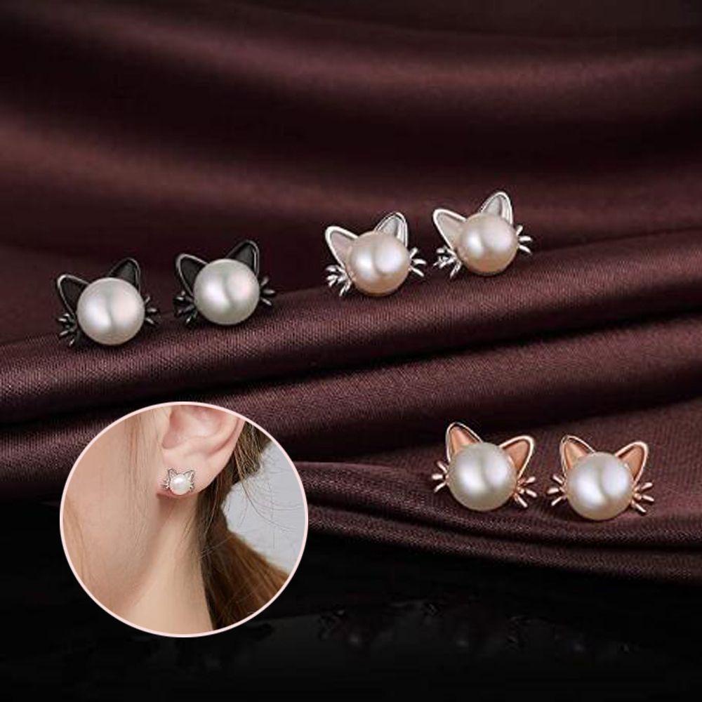 R-flower Cat Earrings Warna Hitam Untuk Wanita Gadis Perhiasan Hadiah Stud Mutiara Air Tawar