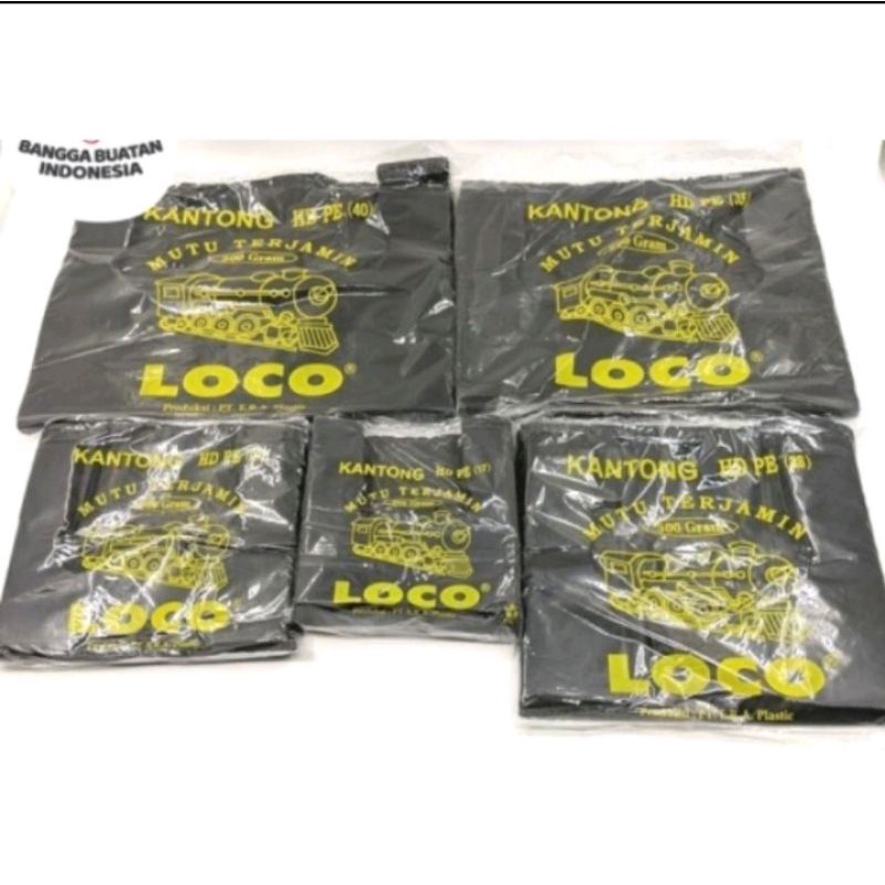 kantong plastik hitam tebal Loco 500 gr ukuran 17 , 24 , 28 , 35 ,40