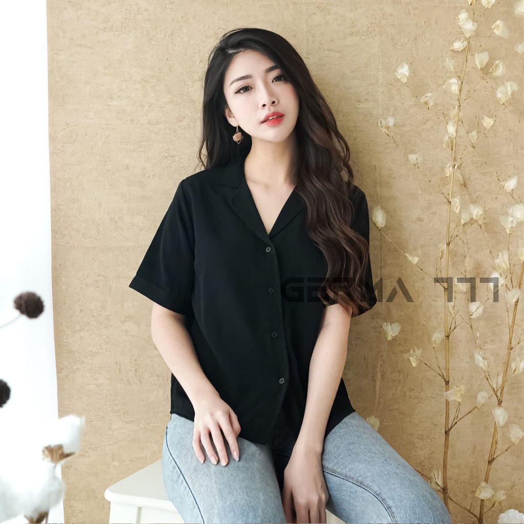 Baju Atasan Kemeja Wanita Basic Polos Lengan Pendek Casual Fashion untuk Kuliah Dan Santai-HITAM