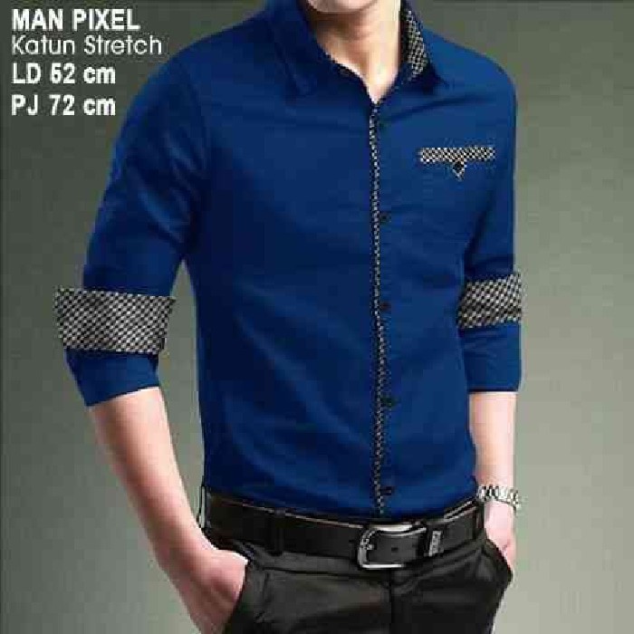 [Man Pixel Benhur LO] kemeja pria katun stretch biru