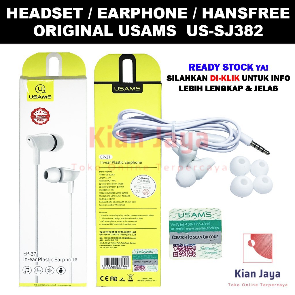 Usams Headset Handphone In Ear Earphone EP-37, Handsfree Hp Handset Audio Phone Call