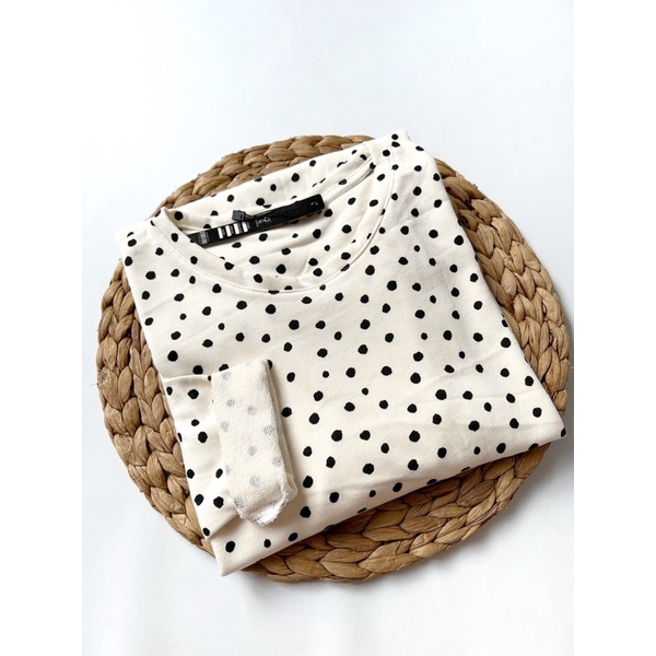 READYBASIC - BAJU KAOS LENGAN PANJANG BAHAN BABY TERRY TEBAL SEMI SWEATER POLKA WHITE