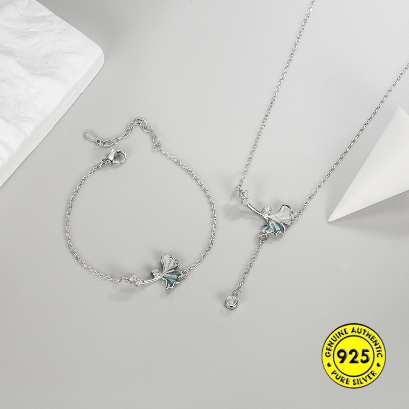 Set Gelang Rantai Klavikula Desain Daun Ginkgo Water Drop Aksen Berlian Imitasi Bahan S925 Silver Untuk Wanita