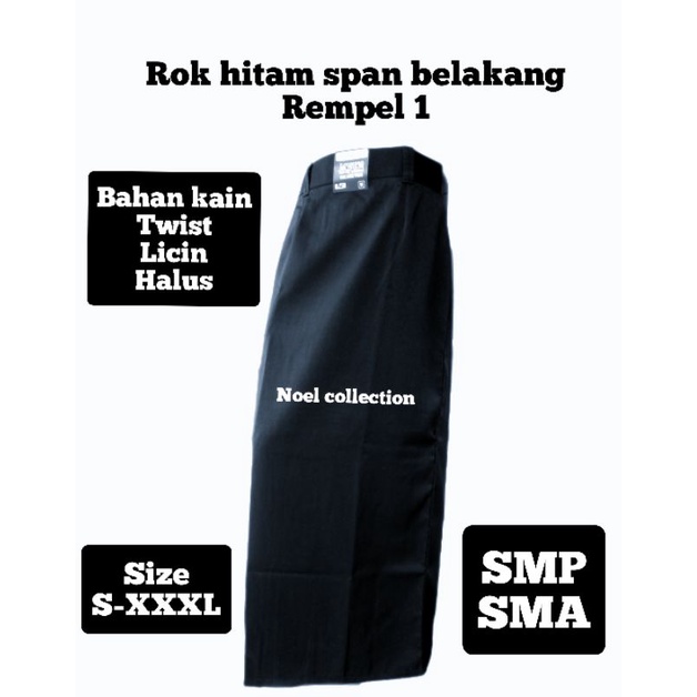 Rok hitam SMP/SMA panjang rempel belakang belah belakang (twist/licin) NON KARET