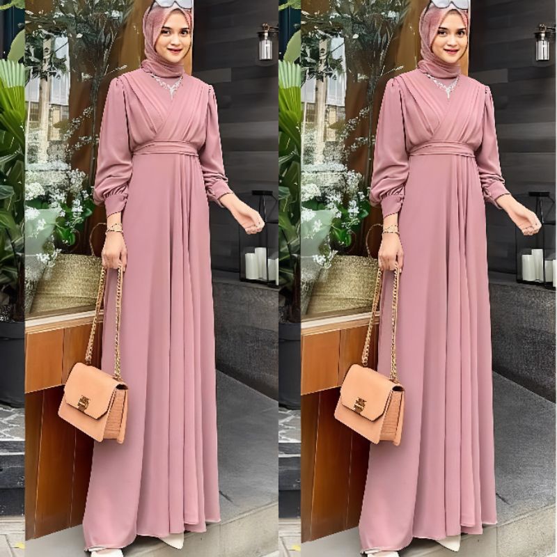 Dres Dress Kondangan Korea Wanita Fashion Muslim Bahan Ceruty Babydoll Full Furing Premium Import Ga